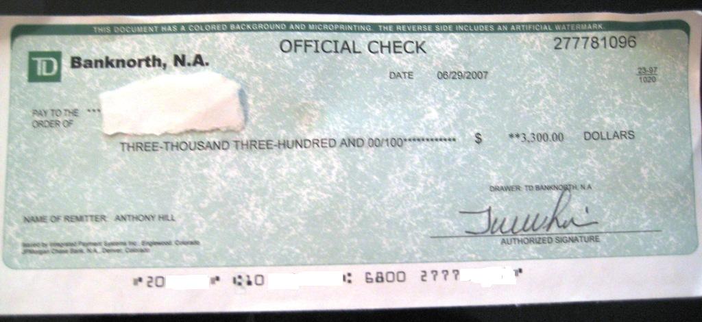 Bank of America Cashier's Check